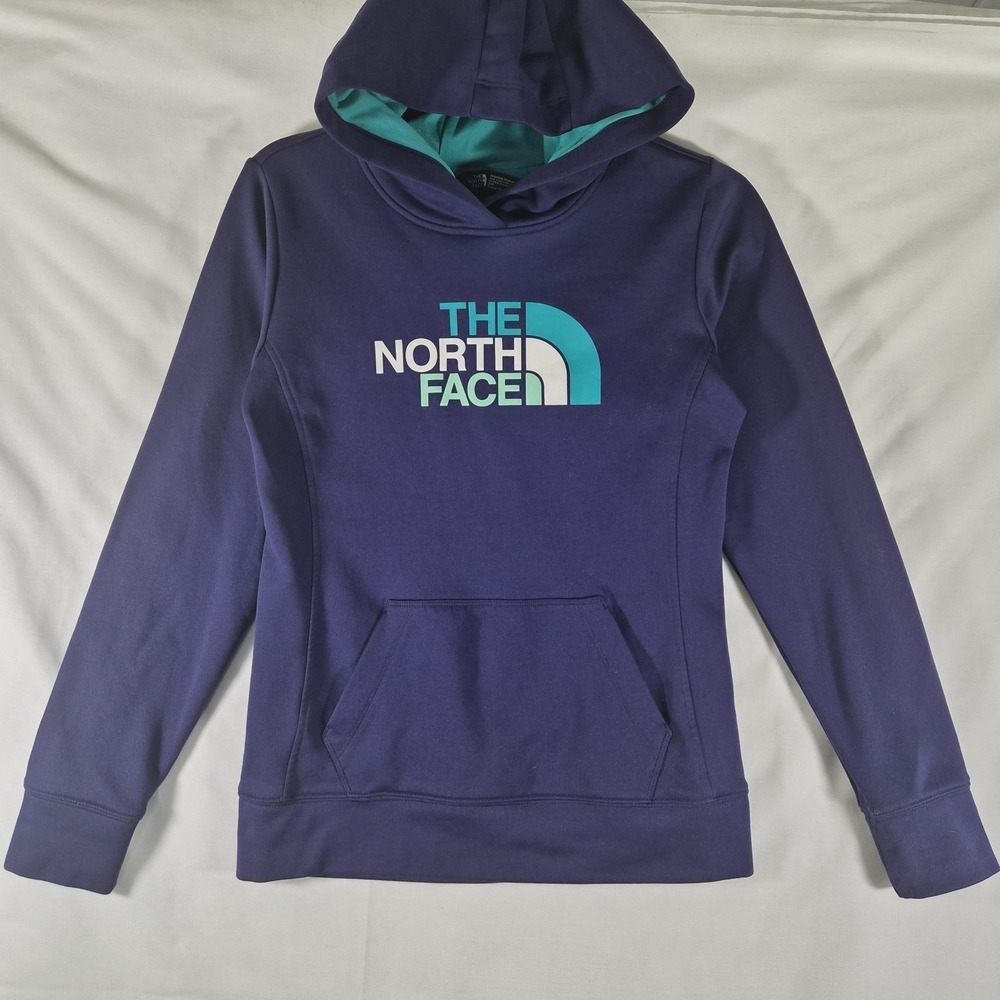 The North Face Women's Pullover Hoodie Purple Teal Spellout Logo Sweatshirt Size